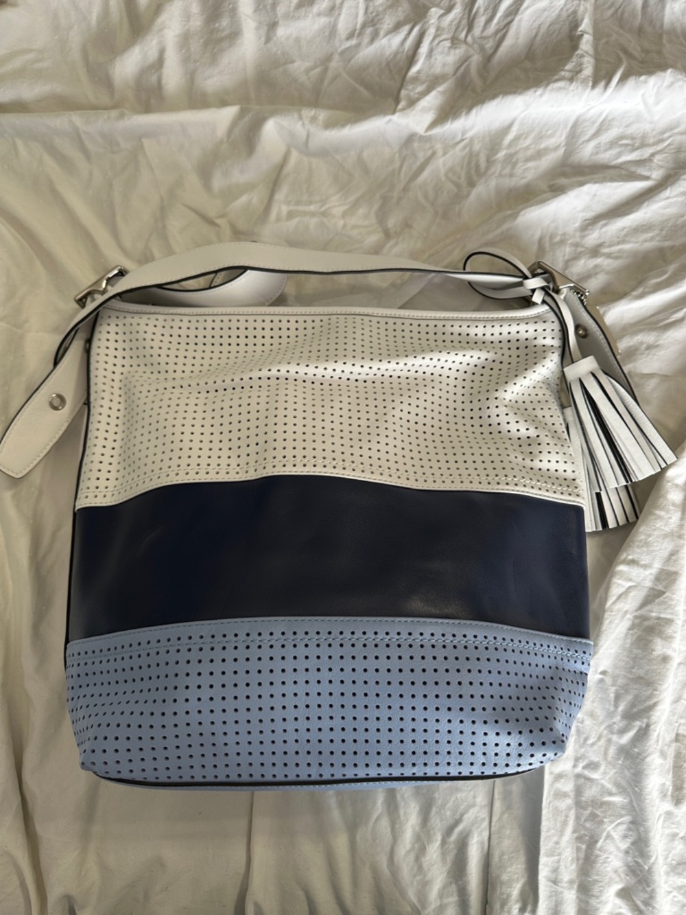Coach Two-Tone Perforated Leather Hobo - White, Navy & Light Blue